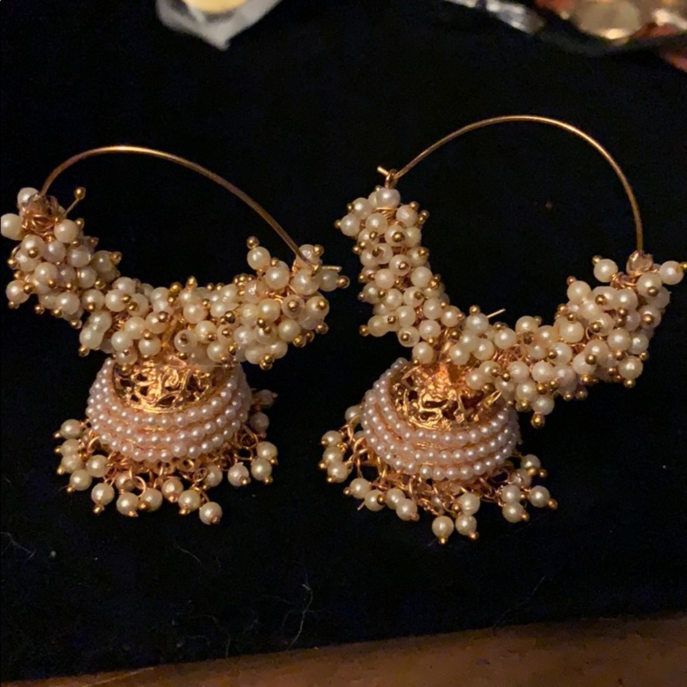 New Bali wood Earrings Gold and pearls 2 x 2.5”